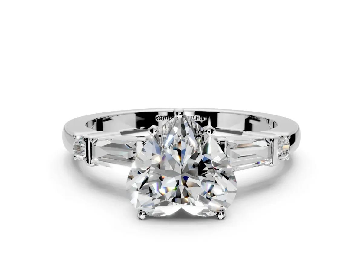 Bar-Set Engagement Ring Setting for Heart-Shaped Center with Tapered Baguette Accents and Prong Head in Platinum