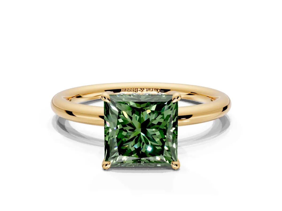 Hidden Halo Engagement Ring Setting for Fancy Green Princess Cut Center with Thin Rounded Band and Prong Head in Yellow Gold