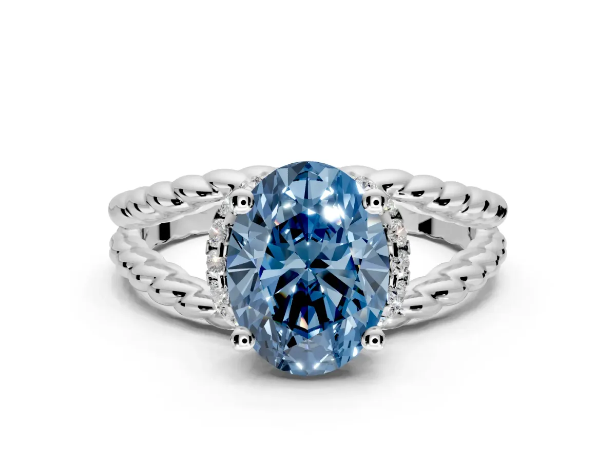 Halo Engagement Ring Setting for Fancy Blue Oval Center with Rope Twist Split Shank and Prong Head in Platinum