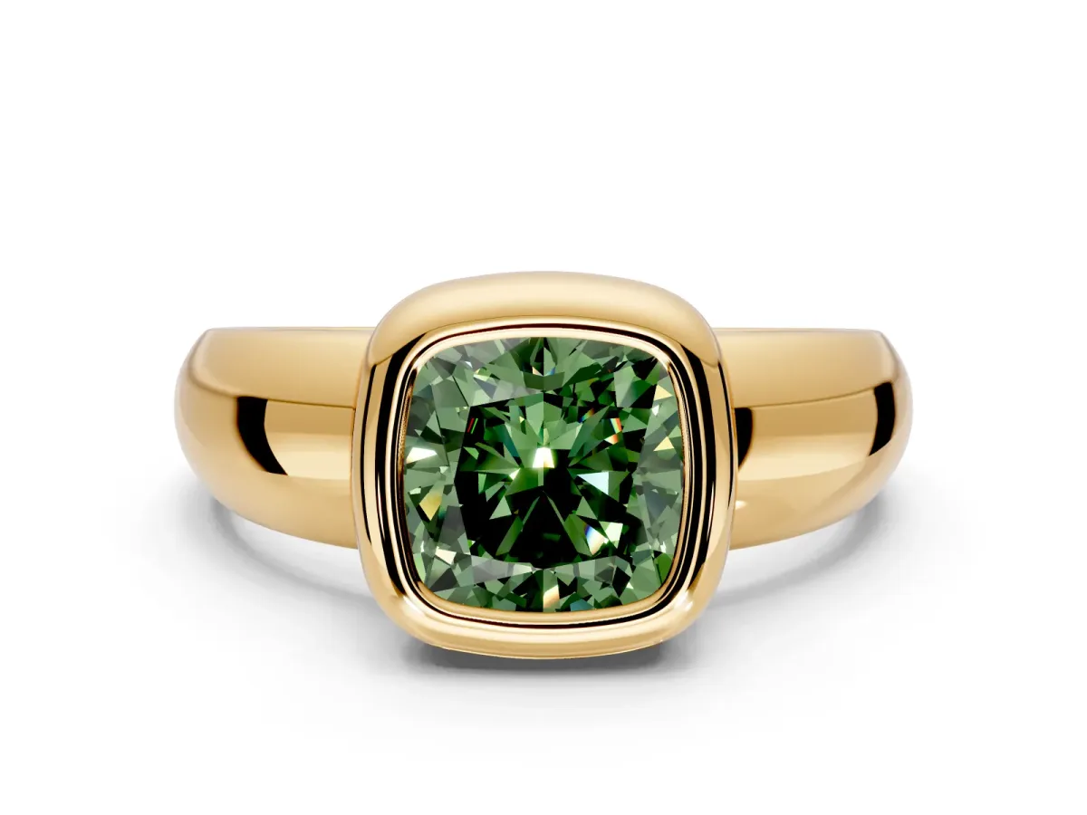 Solitaire Engagement Ring Setting for Fancy Green Cushion Cut Center with Wide Band and Bezel Head in Yellow Gold