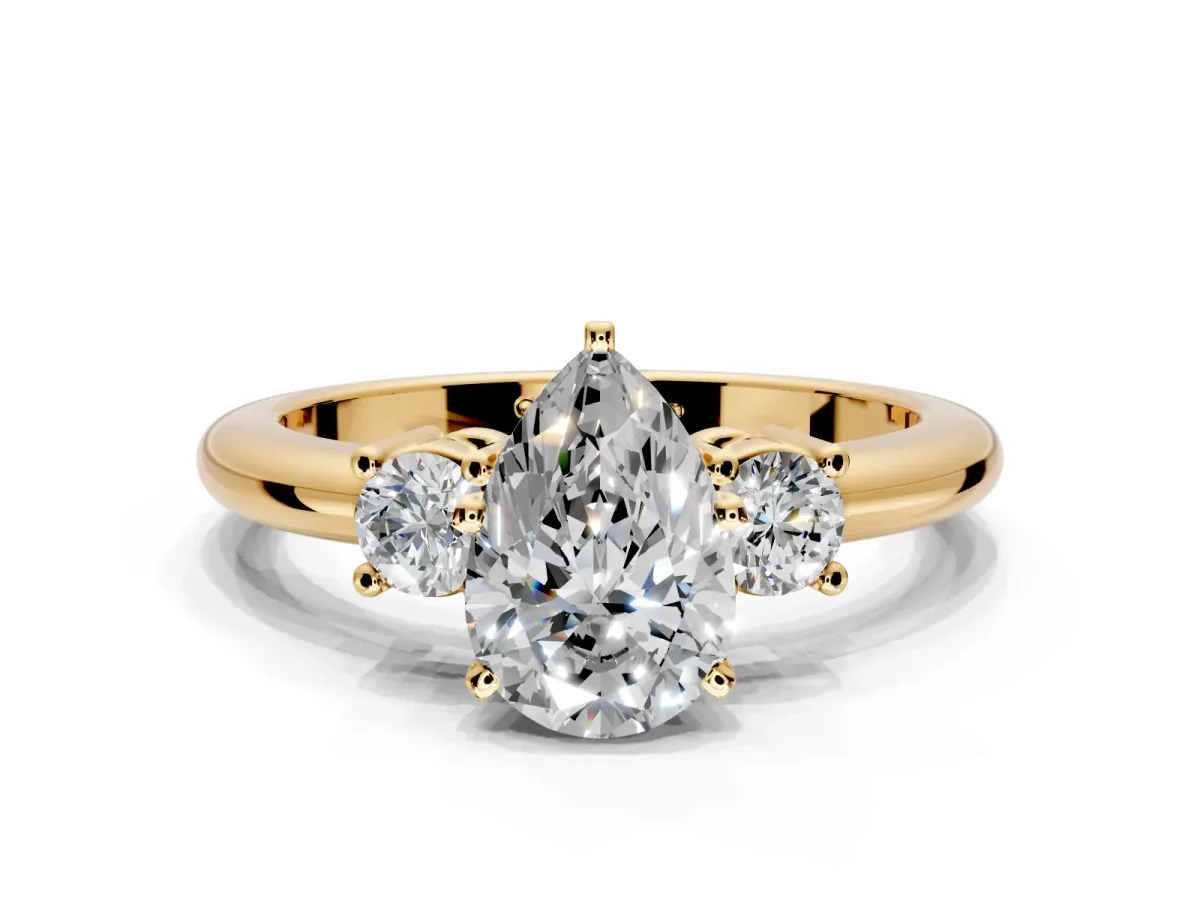 3 Stone Engagement Ring Setting for Pear-Shaped Center with Wide Plain Band and Prong Head in Yellow Gold