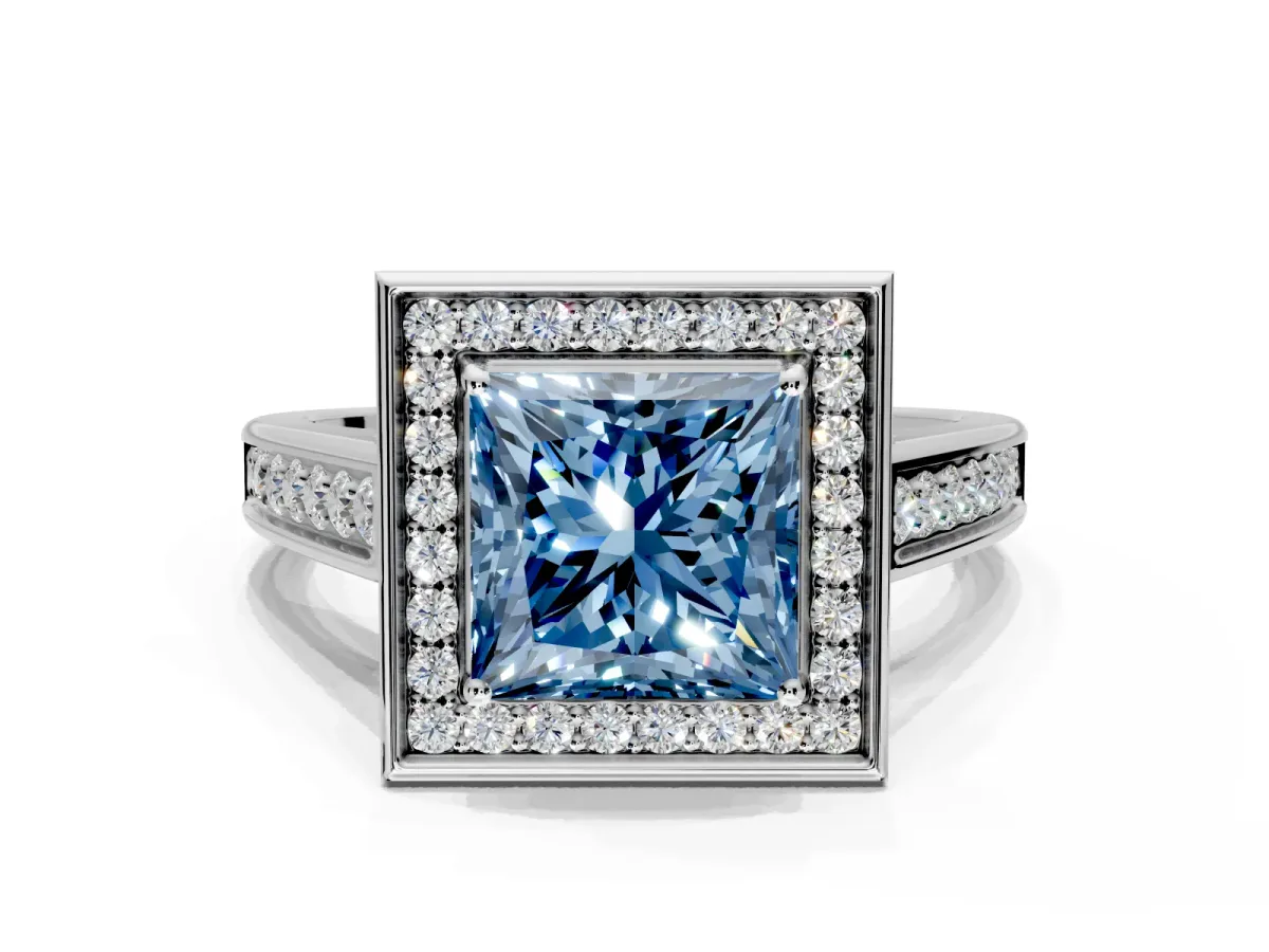 Halo Engagement Ring Setting for Fancy Blue Princess Cut Center with Outer Bezel Rim, Pave Band and Prong Head in Platinum