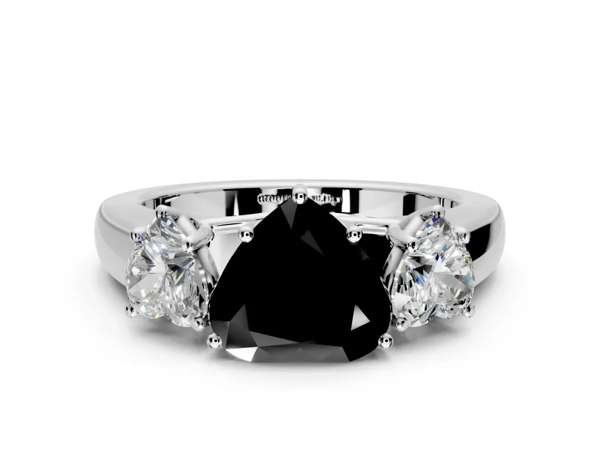 3 Stone Engagement Ring Setting for Fancy Black Heart-Shaped Center with Raised Basket Heads and Prong Head in Platinum