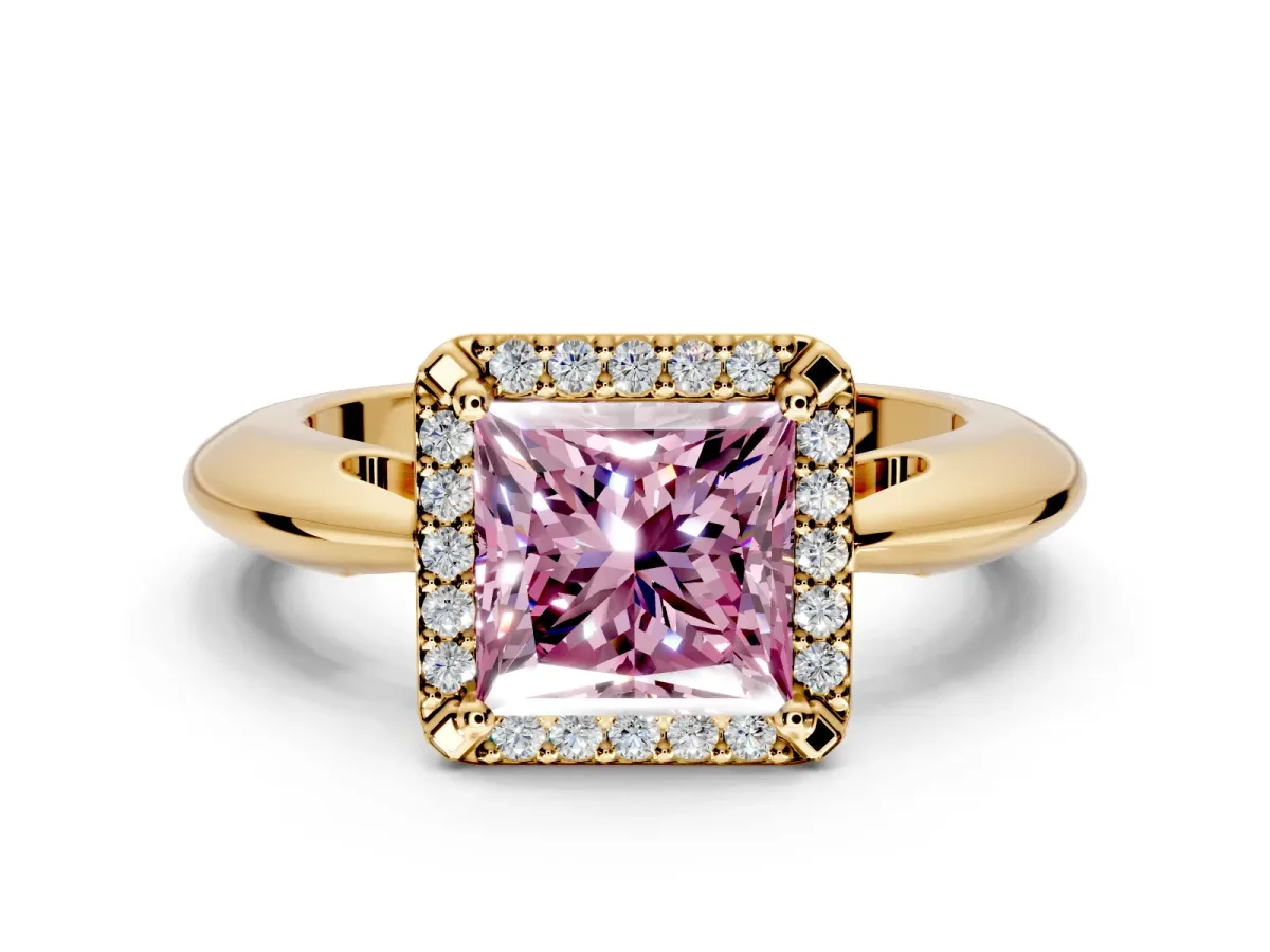 Halo Engagement Ring Setting for Fancy Pink Princess Cut Center with Tapered Plain Band and Prong Head in Yellow Gold