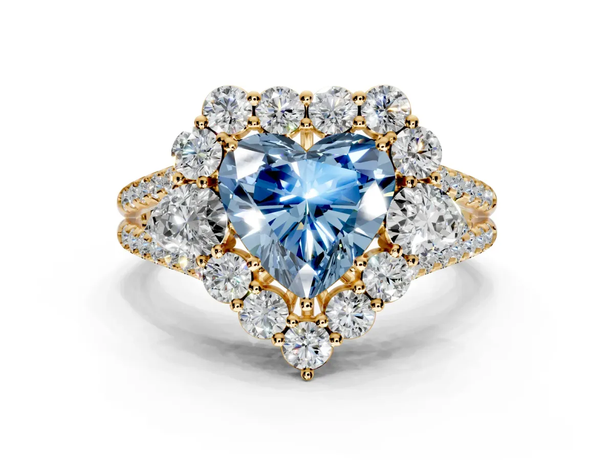 Halo Engagement Ring Setting for Fancy Blue Heart-Shaped Center with Two-Strand Split Shank and Prong Head in Yellow Gold