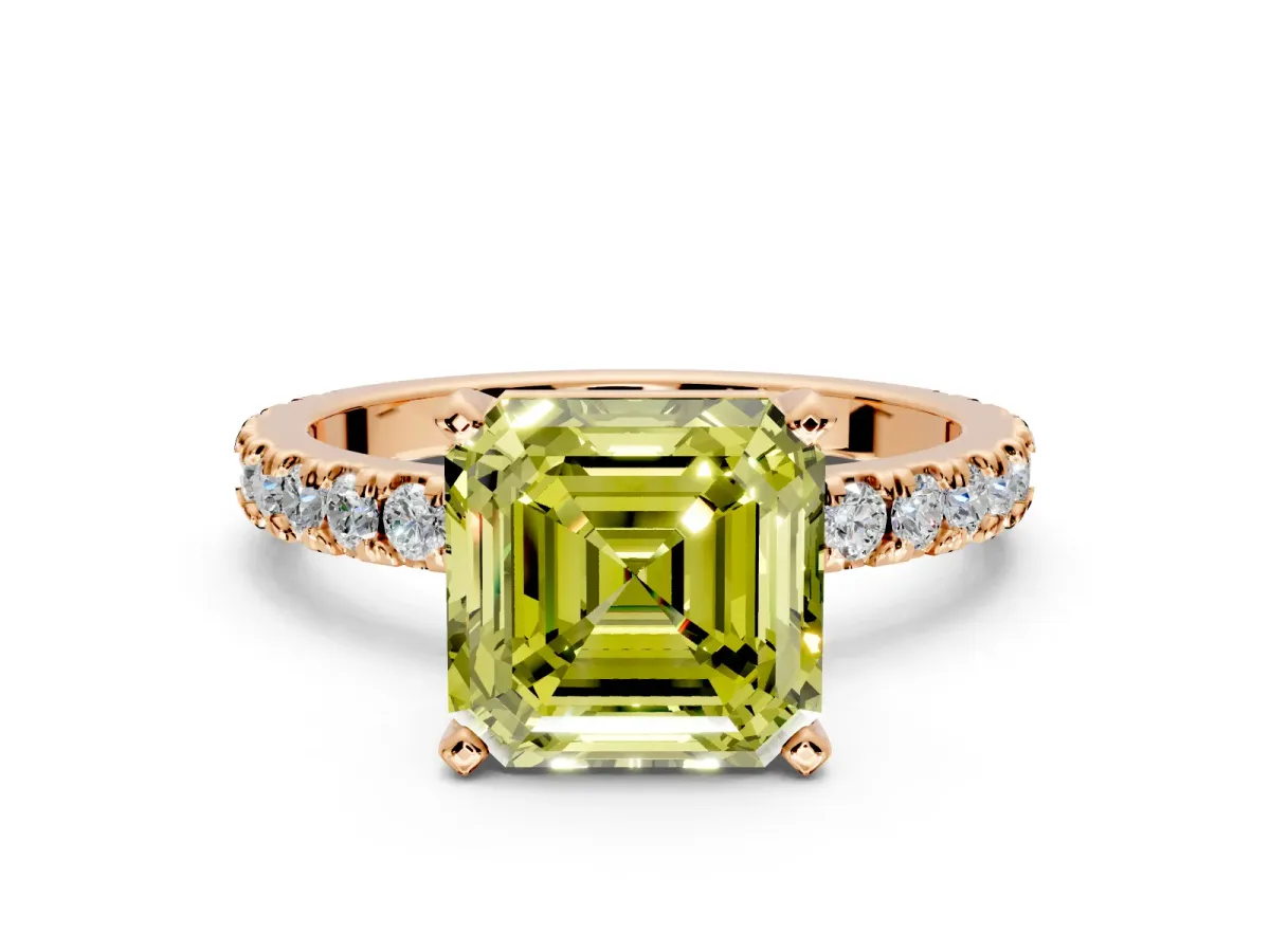 Solitaire Engagement Ring Setting for Fancy Yellow Asscher Cut Center with Fine Pave Band and Claw Prong Head in Rose Gold