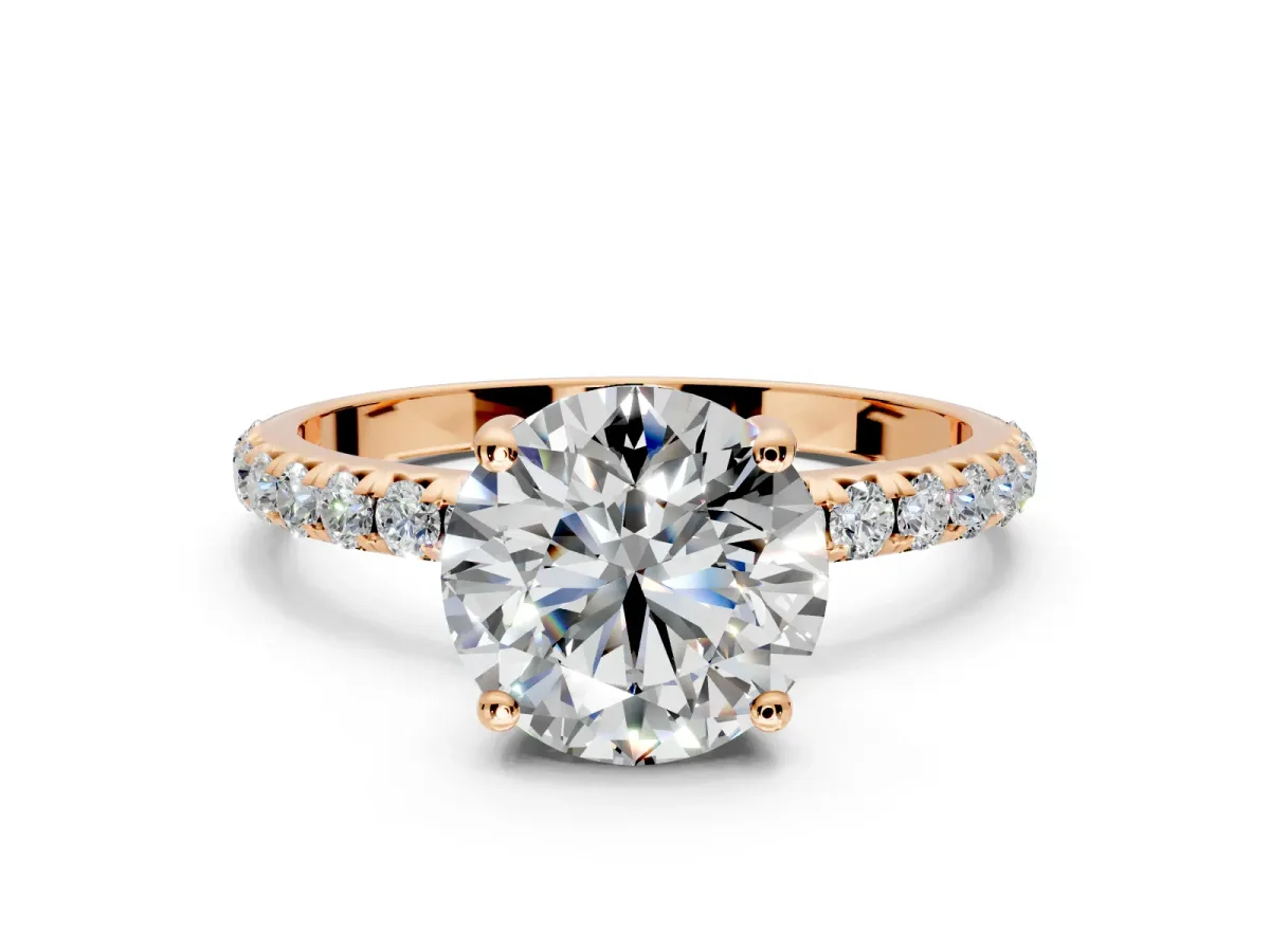 Solitaire Engagement Ring Setting for Round Cut Center with Micro Pave Band and Prong Head in Rose Gold
