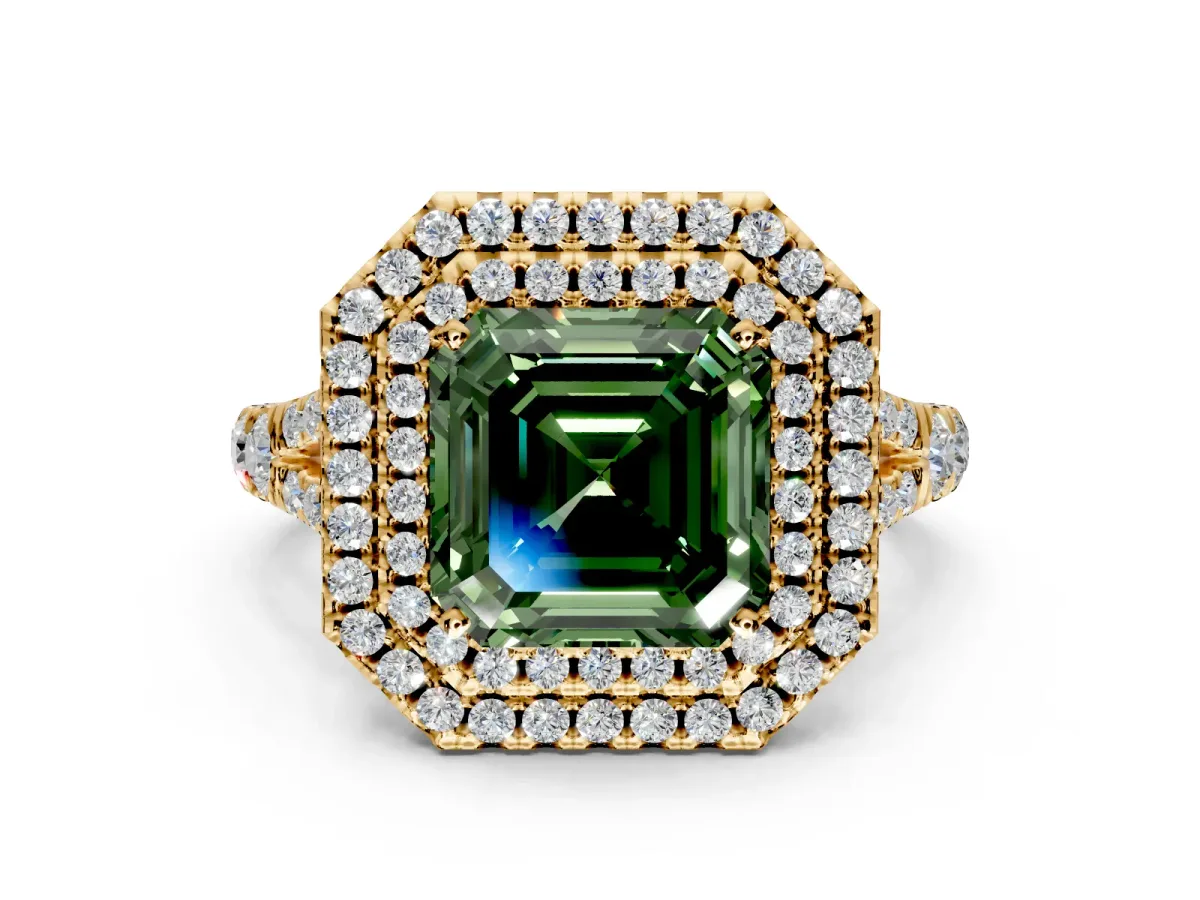Double Halo Engagement Ring Setting for Fancy Green Asscher Cut Center with Narrow Pave Split Shank and Prong Head in Yellow Gold