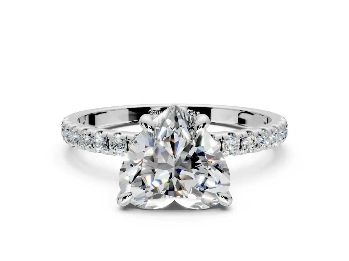 Solitaire Engagement Ring Setting for Heart-Shaped Center with Fine Pave Narrow Band and Prong Head in Platinum