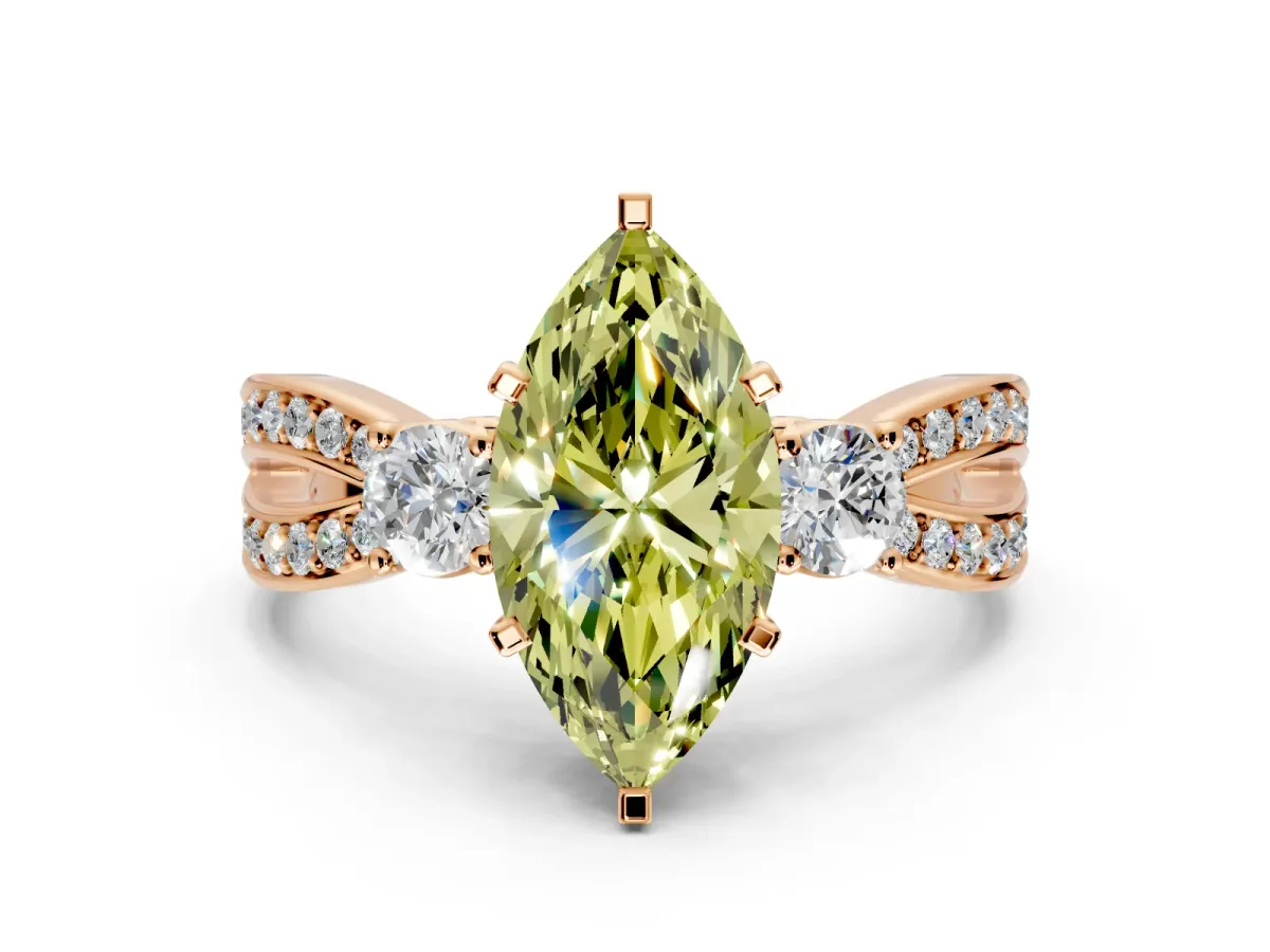 3 Stone Engagement Ring Setting for Fancy Yellow Marquise Center with Pave Twist Band and Prong Head in Rose Gold