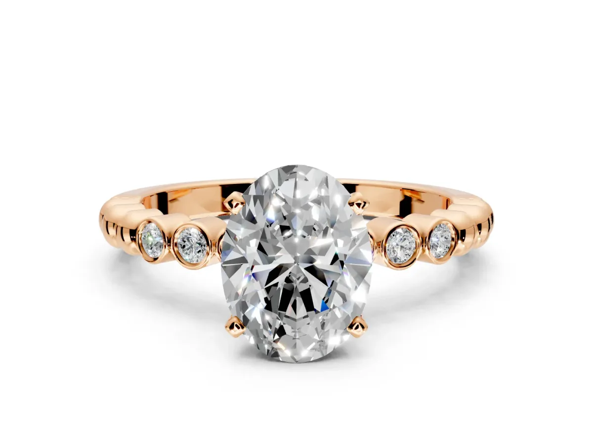 Solitaire Engagement Ring Setting for Oval Center with Bezel-Dot Beaded Band and Prong Head in Rose Gold