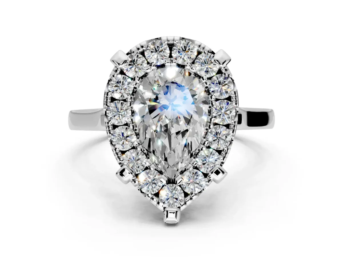 Single Halo Engagement Ring Setting for Pear-Shaped Center with Corner Claws, Plain Band and Prong Head in White Gold