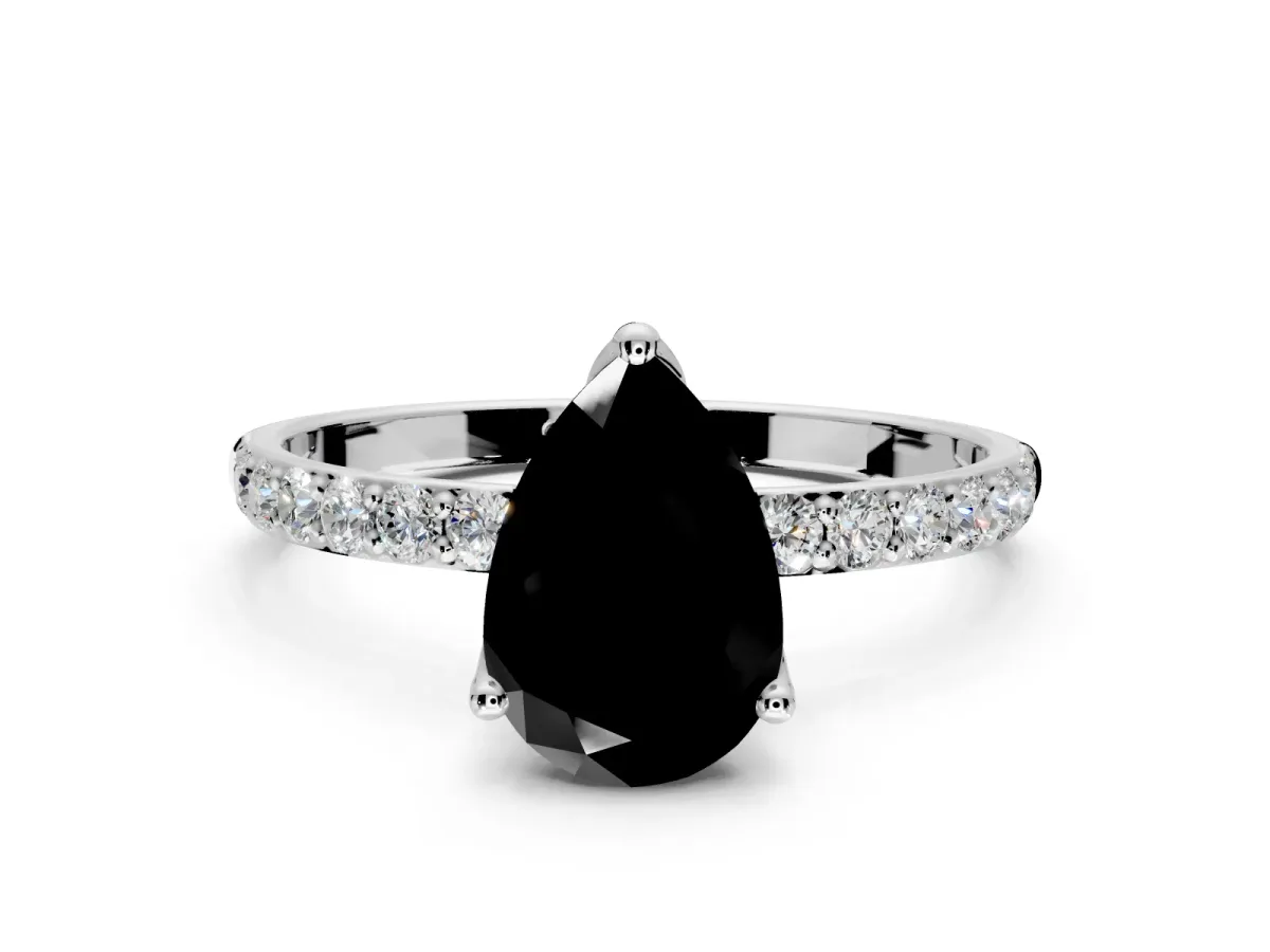 Solitaire Engagement Ring Setting for Fancy Black Pear-Shaped Center with Fine Pave Accents and Prong Head in Sterling Silver