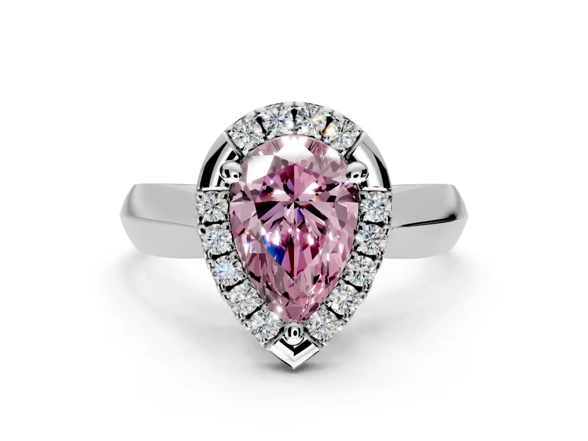 Halo Engagement Ring Setting for Fancy Pink Pear-Shaped Center with Square Band and Prong Head in Platinum