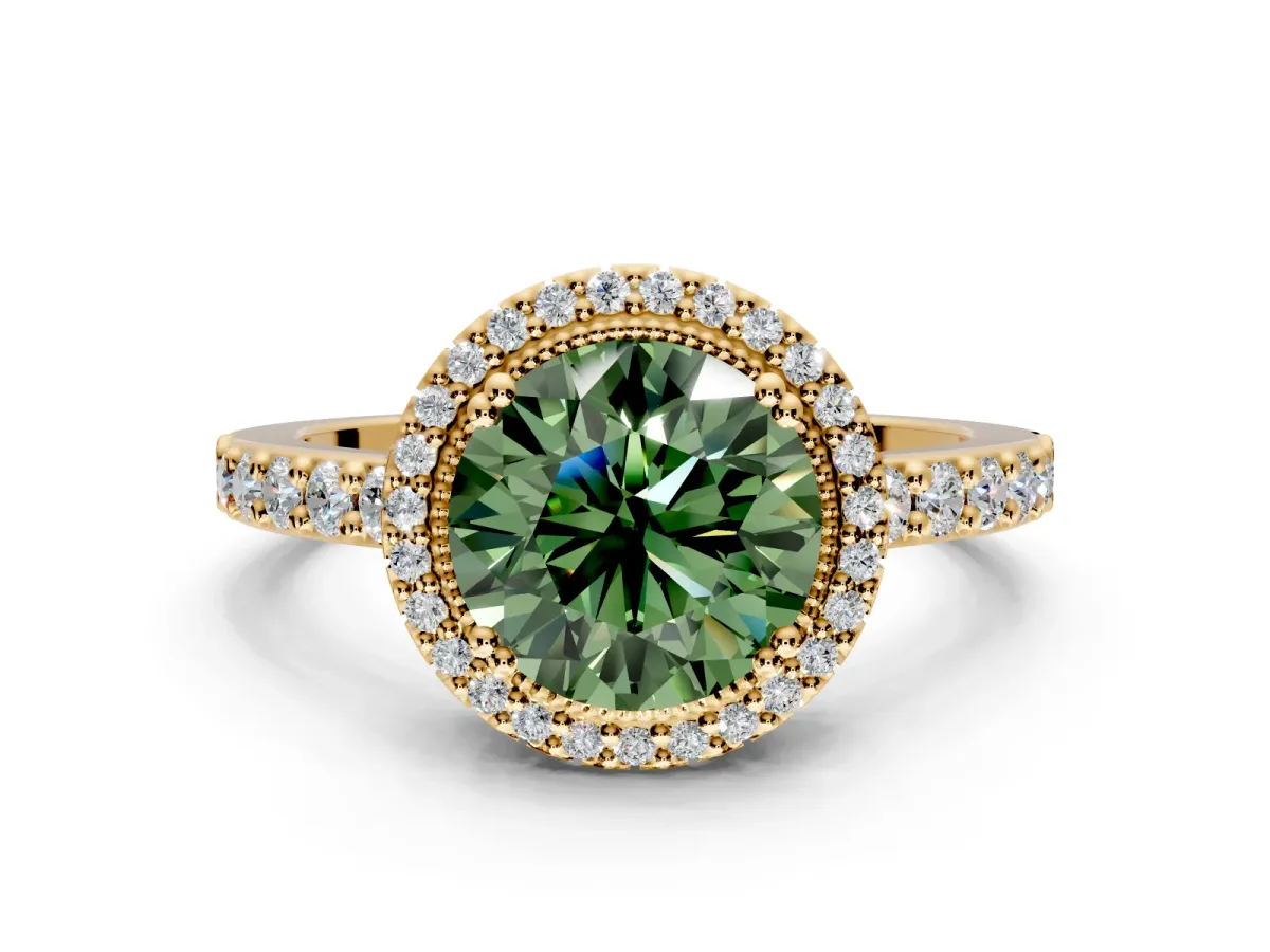 Halo Engagement Ring Setting for Fancy Green Round Cut Center with Inner Milgrain Border and Prong Head in Yellow Gold