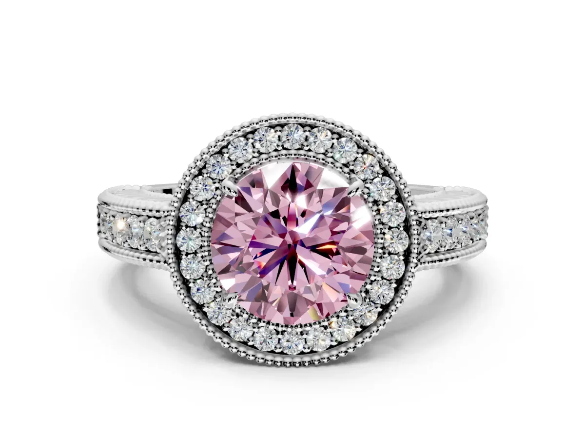 Milgrain Halo Engagement Ring Setting for Fancy Pink Round Cut Center with Pave Band and Prong Head in Platinum