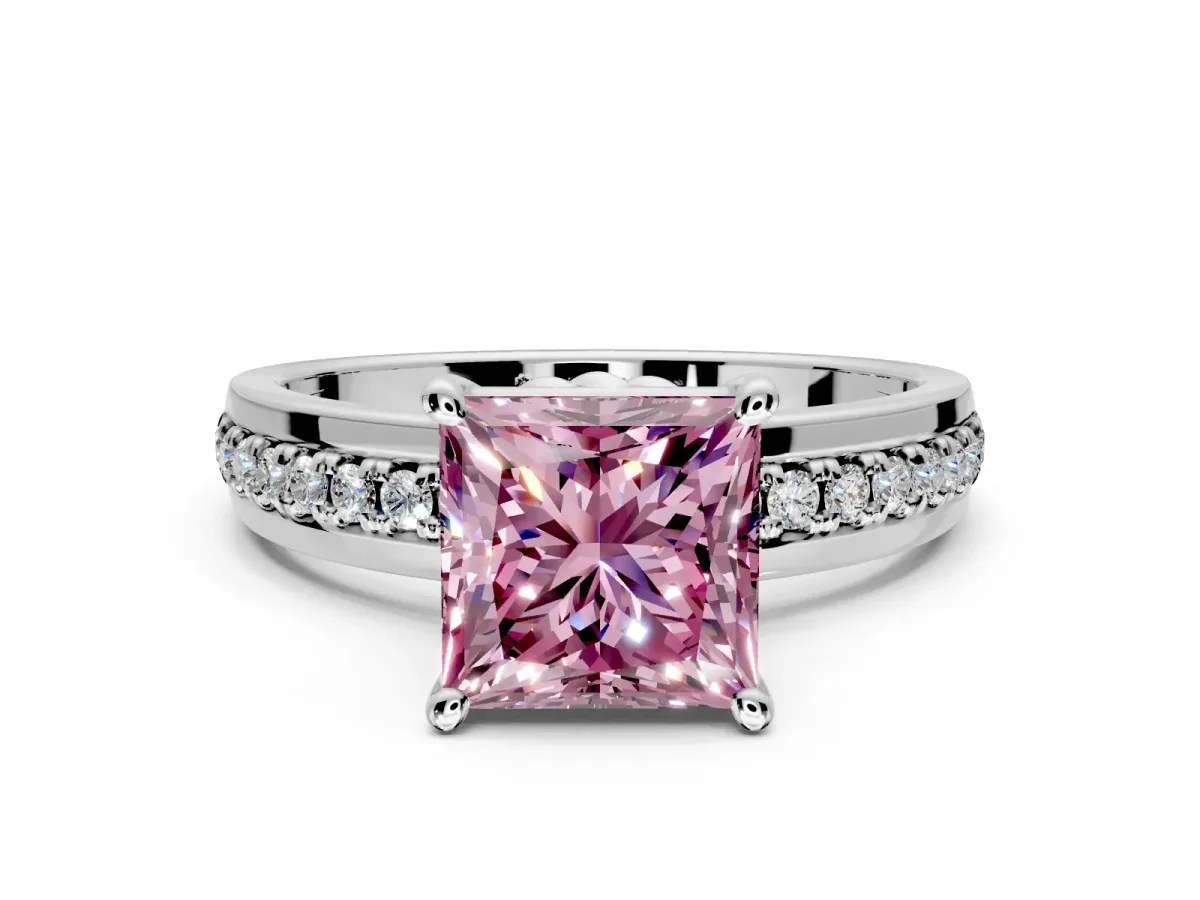 Solitaire Engagement Ring Setting for Fancy Pink Princess Cut Center with Raised Channel Band and Prong Head in White Gold