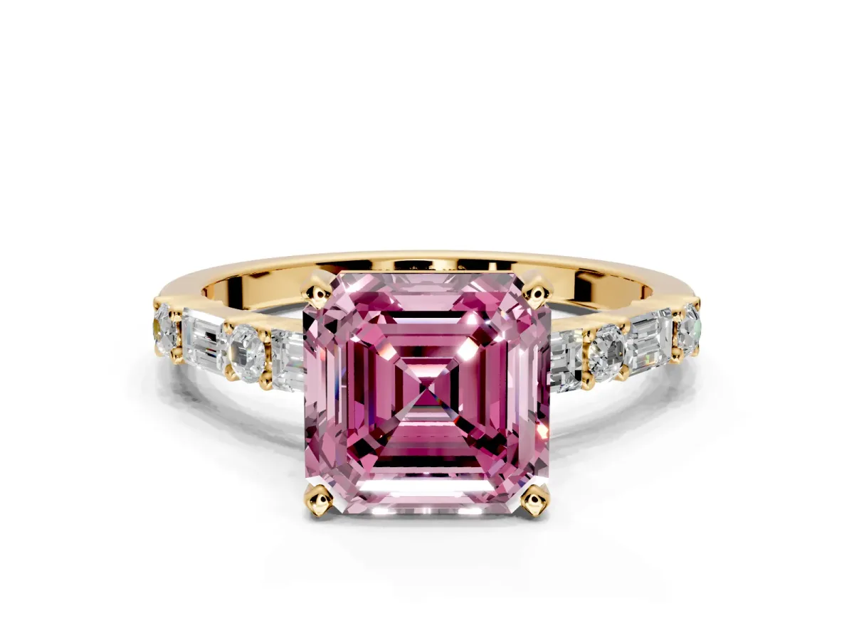 Baguette Engagement Ring Setting for Fancy Pink Asscher Cut Center with Alternating Bar-Set Band and Prong Head in Yellow Gold