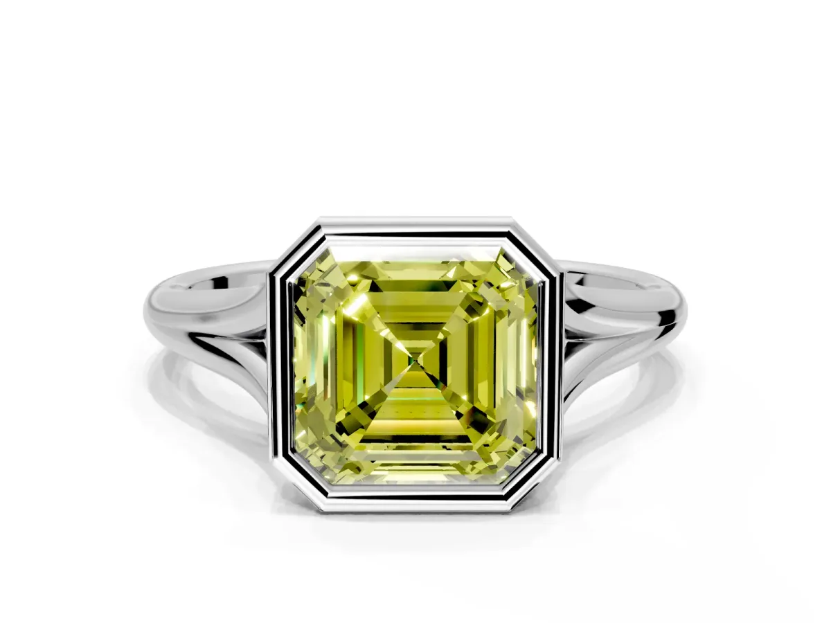 Solitaire Engagement Ring Setting for Fancy Yellow Asscher Cut Center with V Split Shank and Bezel Head in Platinum
