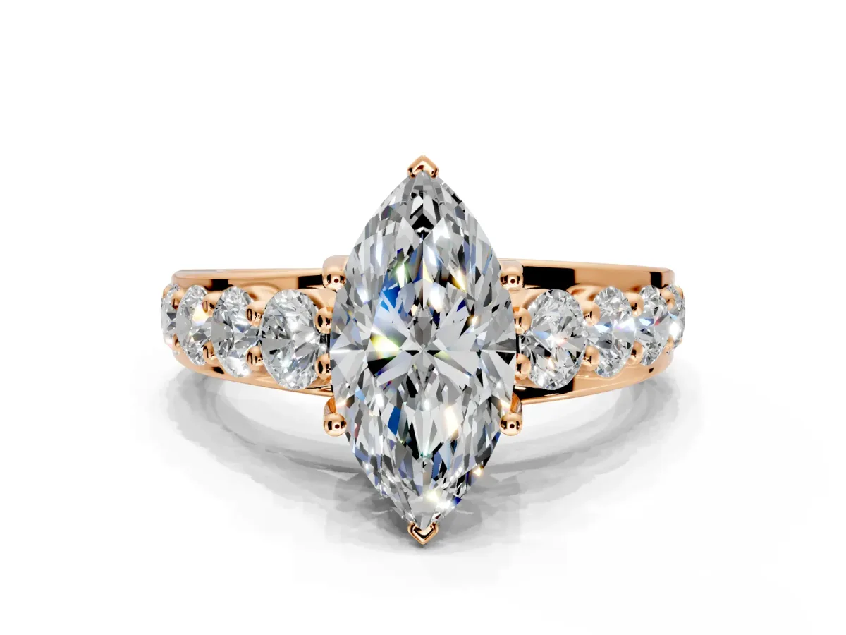 Solitaire Engagement Ring Setting for Marquise Center with Graduated Shared Prongs and Prong Head in Rose Gold
