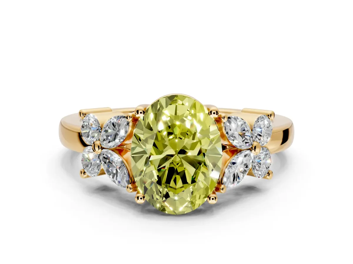 Floral Engagement Ring Setting for Fancy Yellow Oval Center with Marquise Cluster Shoulders and Prong Head in Yellow Gold