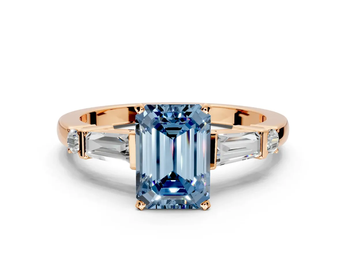 Bar-Set Engagement Ring Setting for Fancy Blue Emerald Cut Center with Tapered Baguette Accents and Prong Head in Rose Gold