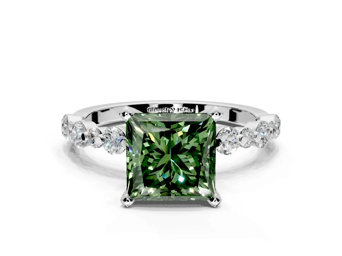 Solitaire Engagement Ring Setting for Fancy Green Princess Cut Center with Alternating Size Accents and Prong Head in Sterling Silver