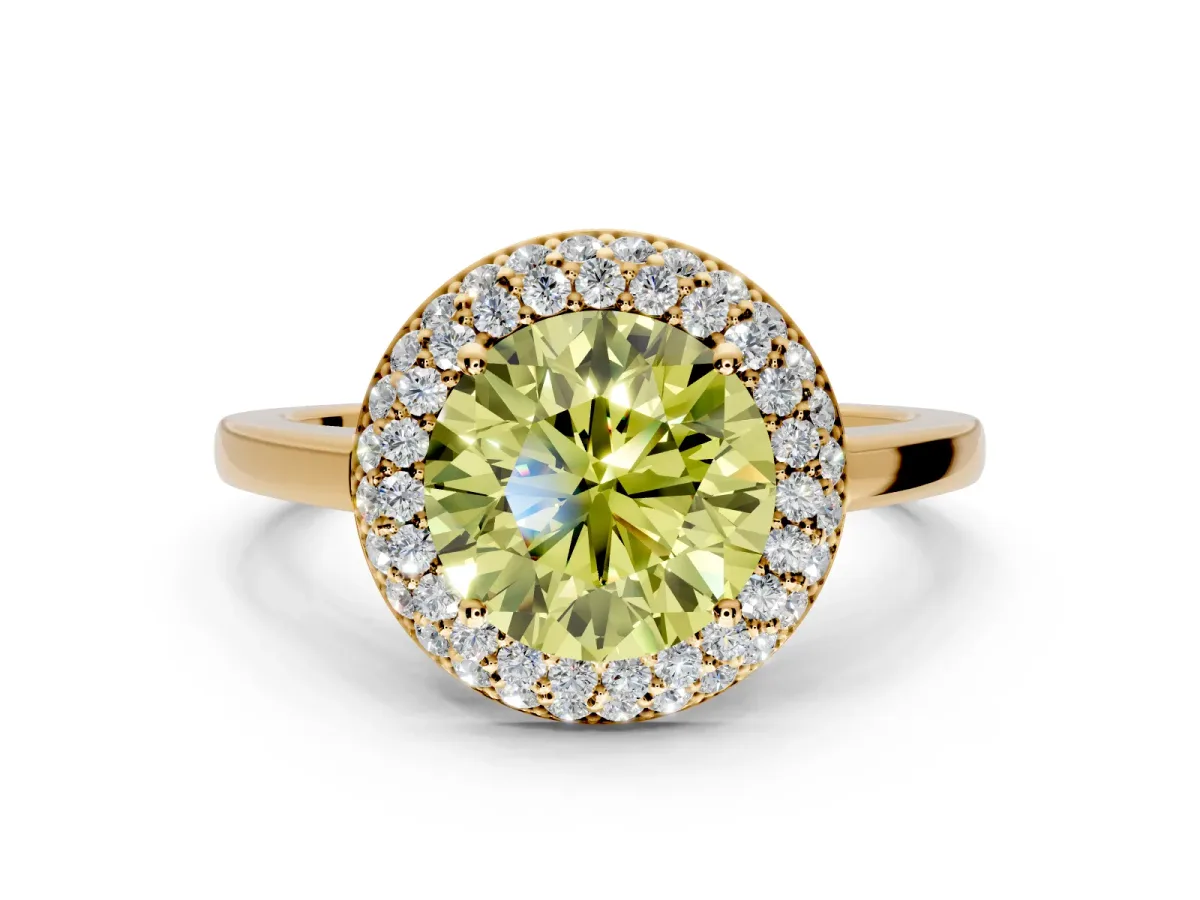 Halo Engagement Ring Setting for Fancy Yellow Round Cut Center with Plain Tapered Band and Prong Head in Yellow Gold