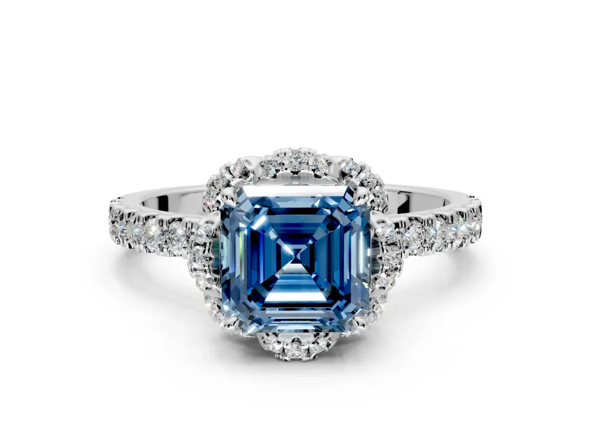Floral Halo Engagement Ring Setting for Fancy Blue Asscher Cut Center with Pave Band and Prong Head in Sterling Silver