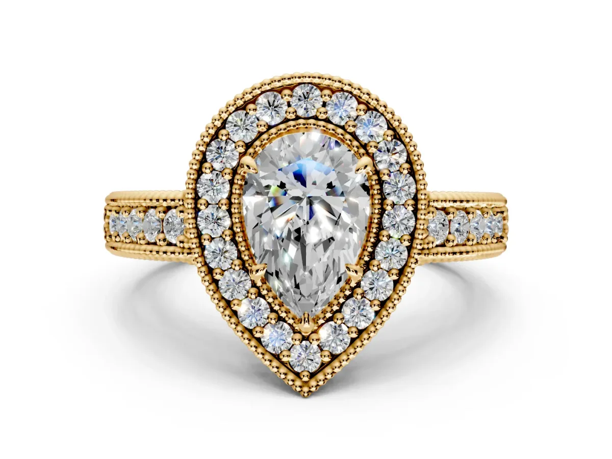 Milgrain Halo Engagement Ring Setting for Pear-Shaped Center with Pave Band and Prong Head in Yellow Gold