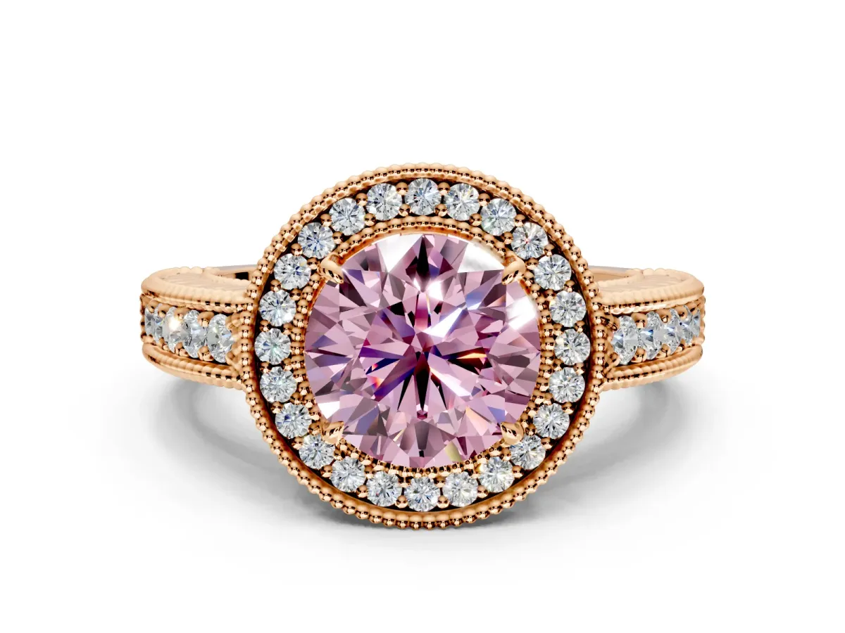 Milgrain Halo Engagement Ring Setting for Fancy Pink Round Cut Center with Pave Band and Prong Head in Rose Gold
