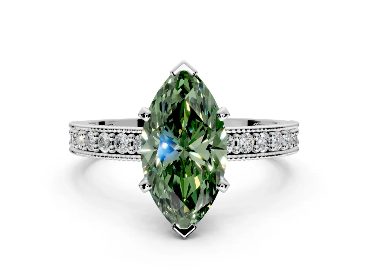 Milgrain Pave Engagement Ring Setting for Fancy Green Marquise Center with Accent Band and Prong Head in Platinum