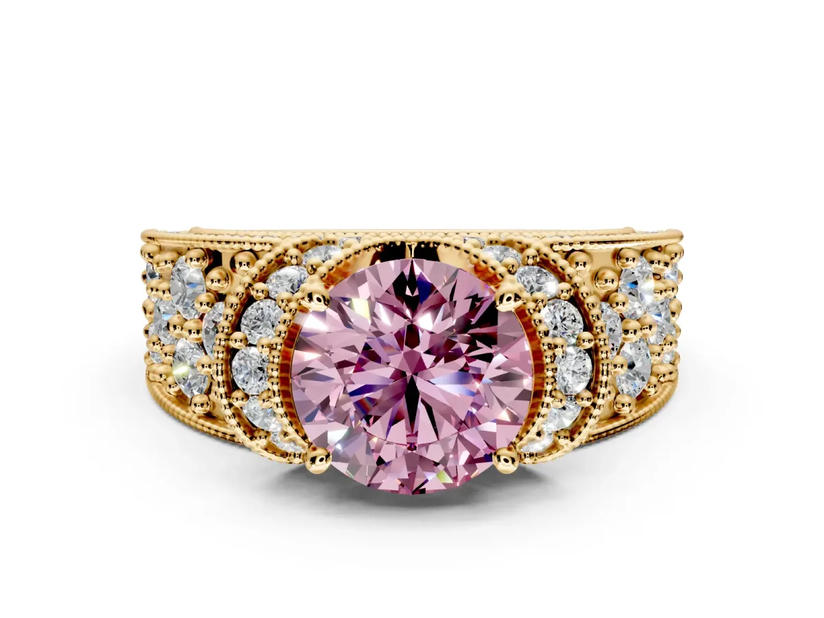 Pave Engagement Ring Setting for Fancy Pink Round Cut Center with Curved Accent Rows, Openwork and Prong Head in Yellow Gold