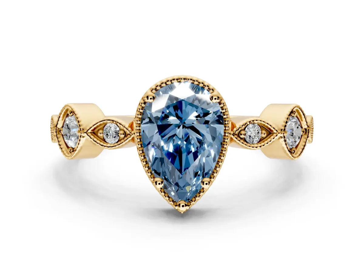Vintage Station Engagement Ring Setting for Fancy Blue Pear-Shaped Center with Accents and Prong Head in Yellow Gold