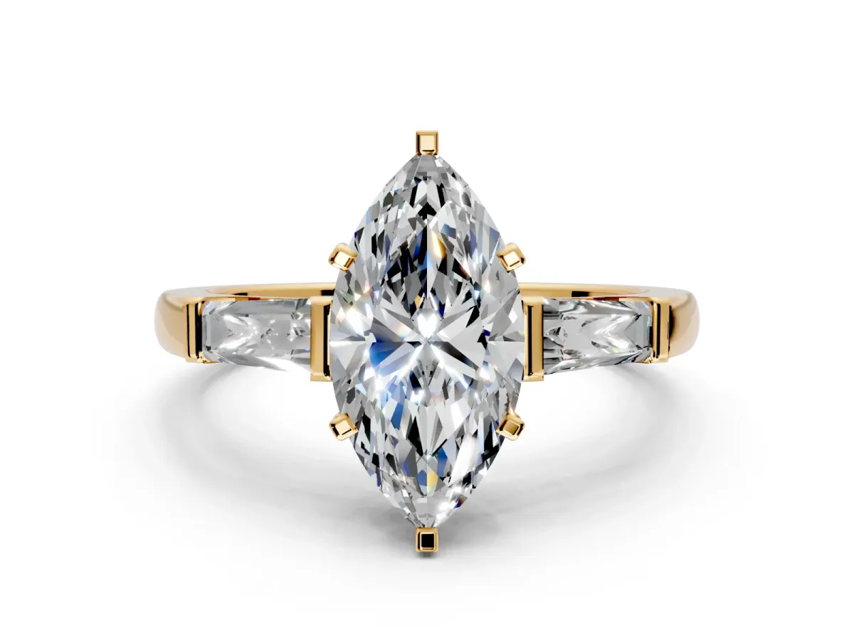 3 Stone Engagement Ring Setting for Marquise Center with Tapered Baguettes, Plain Band and Prong Head in Yellow Gold