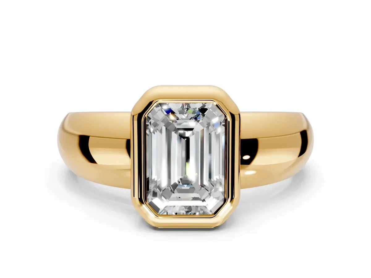 Solitaire Engagement Ring Setting for Emerald Cut Center with Wide Band and Bezel Head in Yellow Gold
