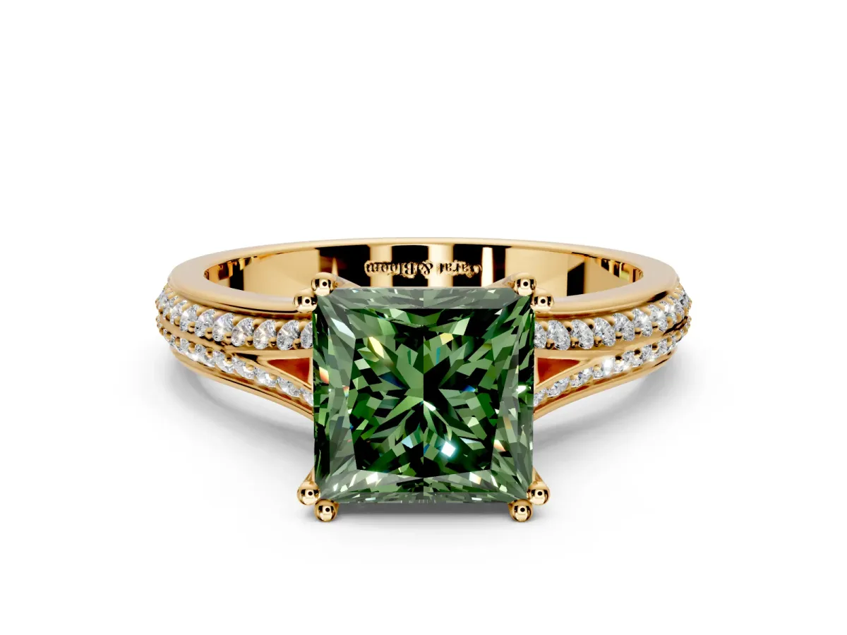 Solitaire Engagement Ring Setting for Fancy Green Princess Cut Center with Pave Rail Split Shank and Prong Head in Yellow Gold