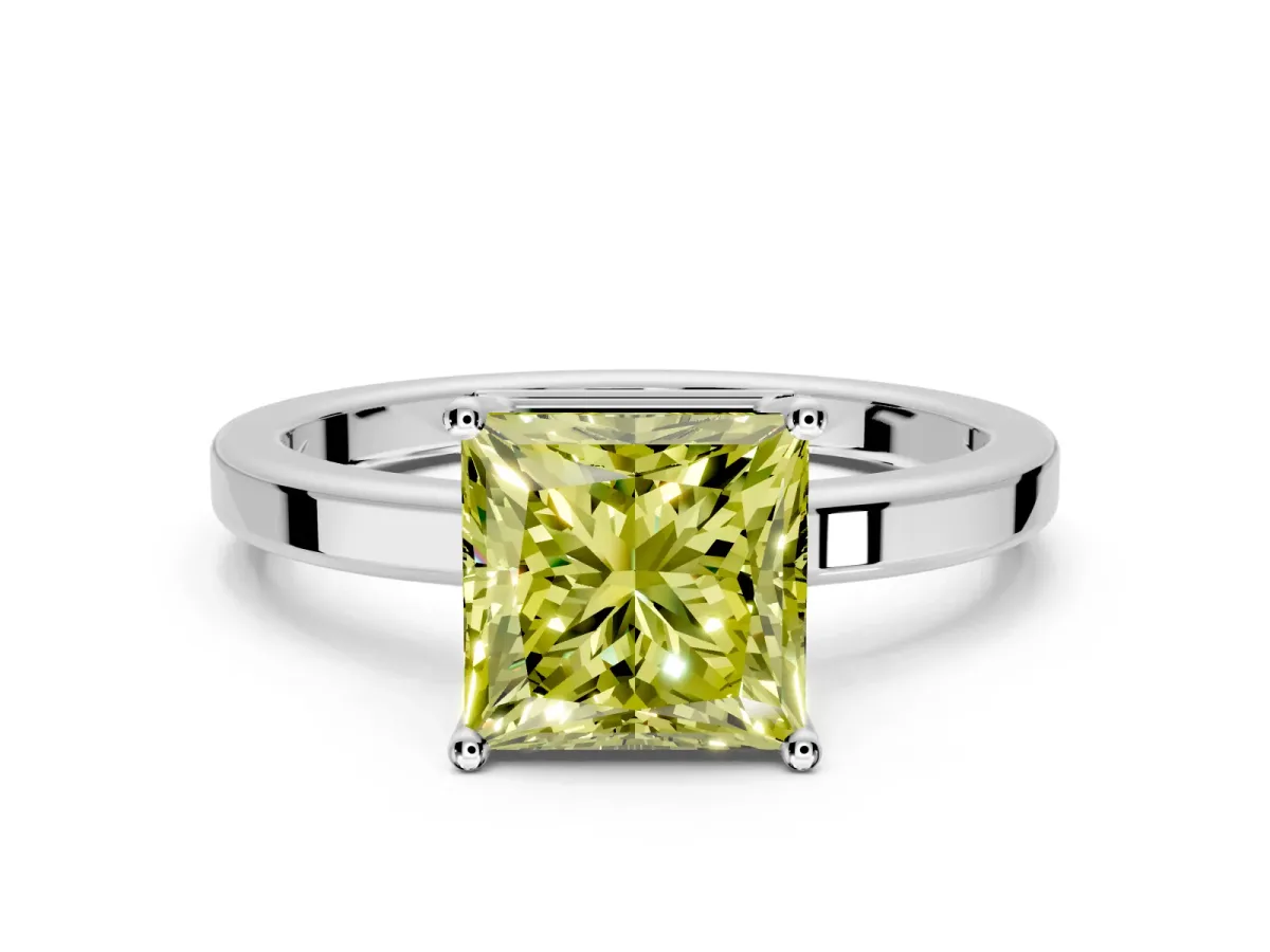 Hidden Halo Engagement Ring Setting for Fancy Yellow Princess Cut Center with Wide Flat Plain Band and Prong Head in Platinum