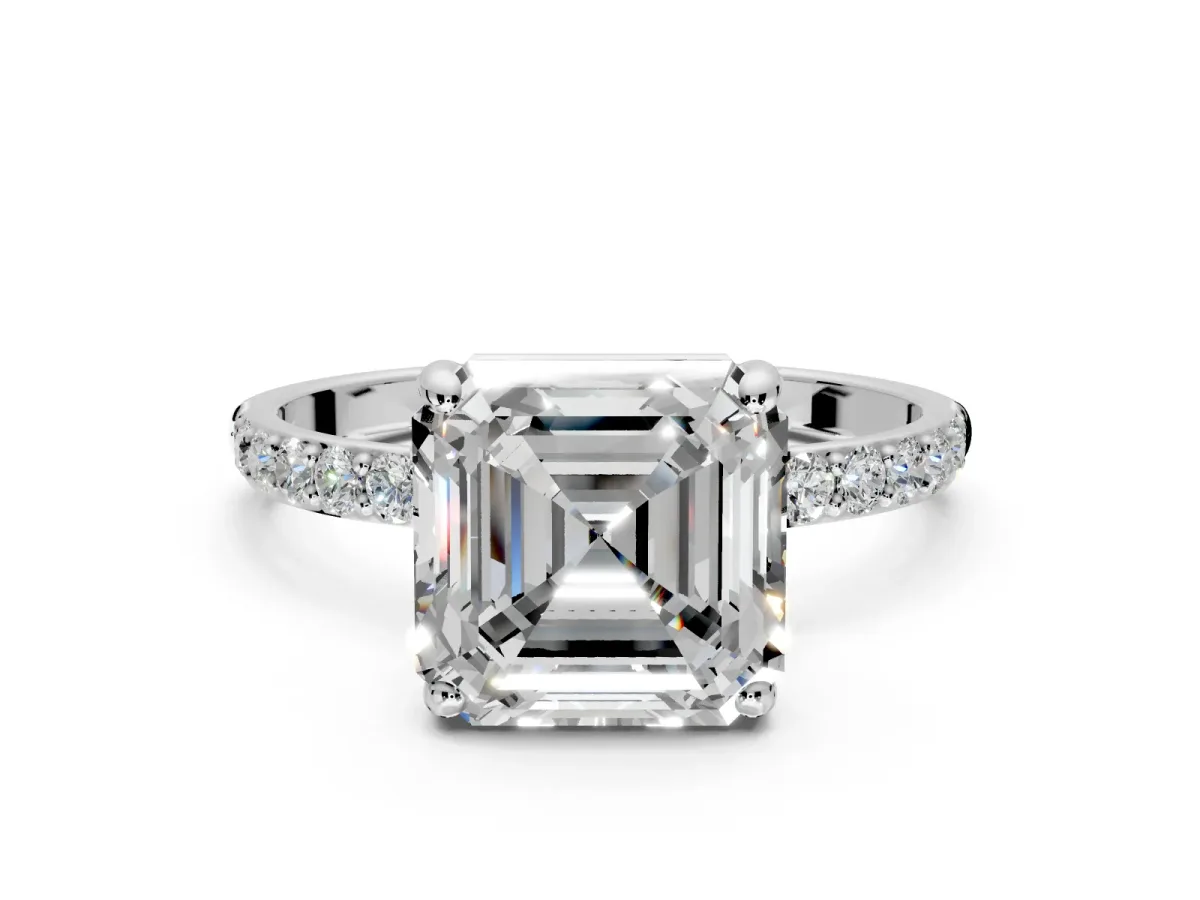 Solitaire Engagement Ring Setting for Asscher Cut Center with Pave Accents and Prong Head in Sterling Silver