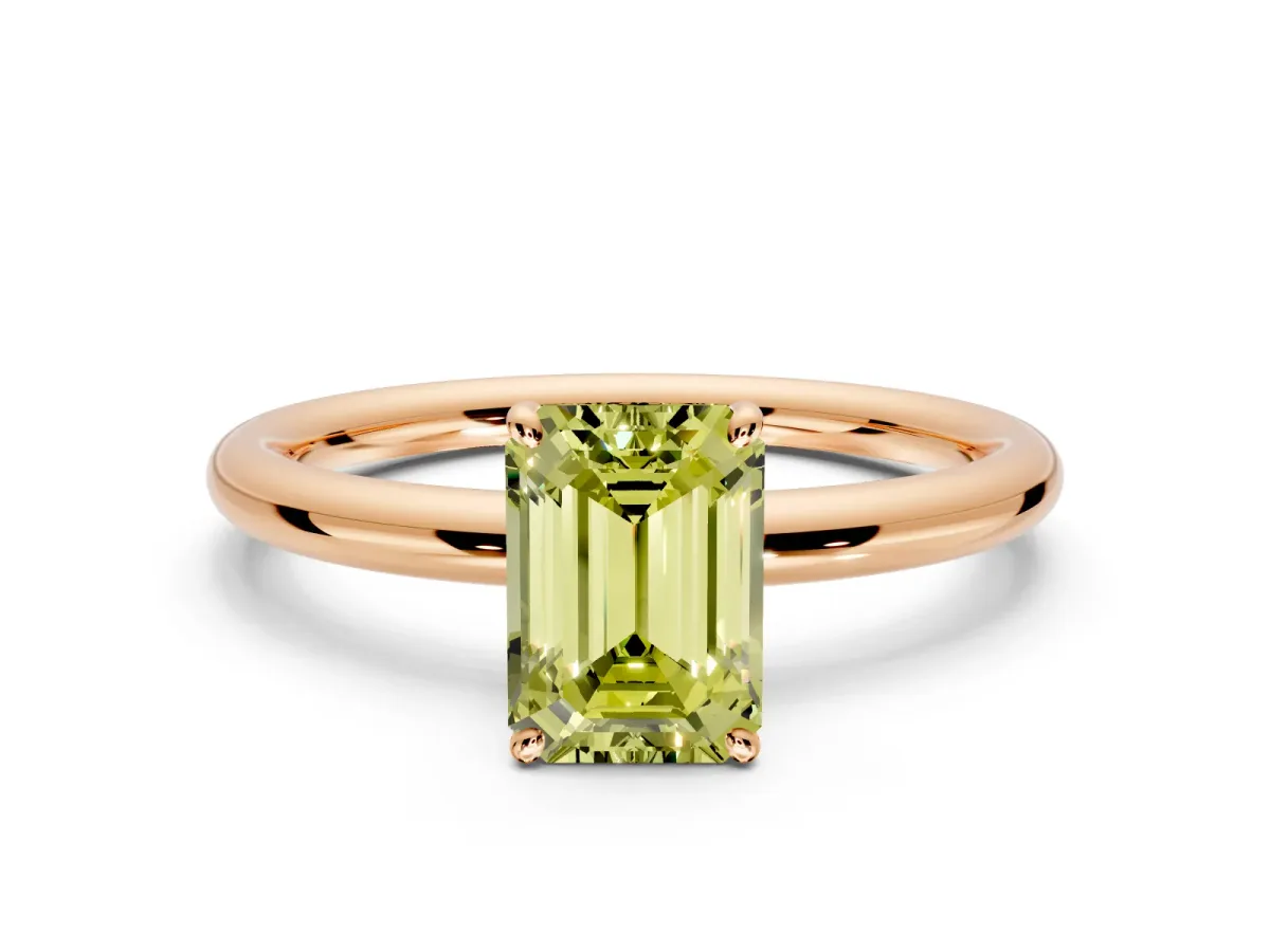 Low-Set Solitaire Engagement Ring Setting for Fancy Yellow Emerald Cut Center with Thin Plain Band and Prong Head in Rose Gold