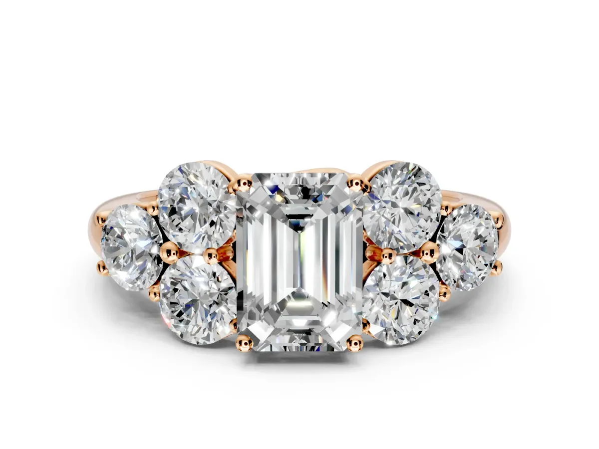 Cluster Engagement Ring Setting for Emerald Cut Center with Round Cut Accent Frame and Prong Head in Rose Gold