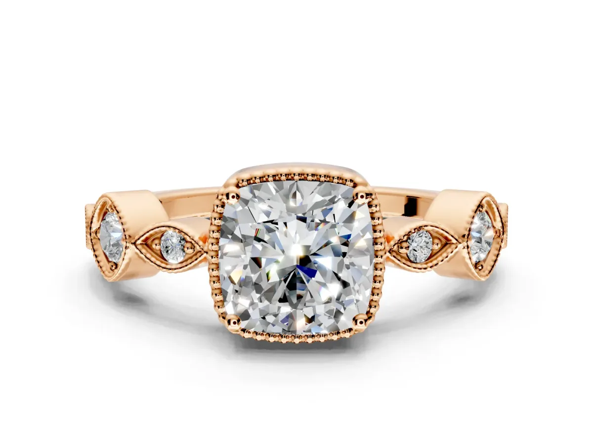 Vintage Station Engagement Ring Setting for Cushion Cut Center with Accents and Prong Head in Rose Gold
