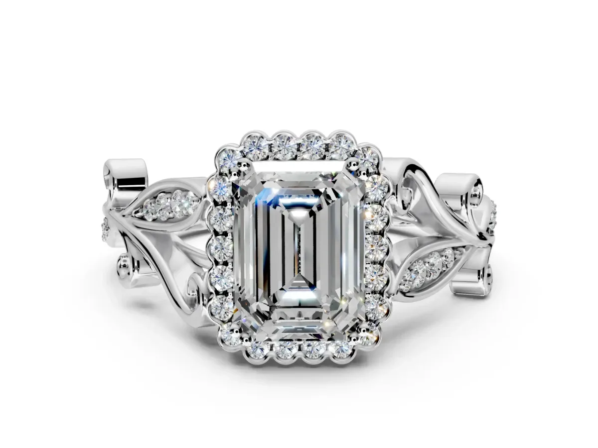 Halo Engagement Ring Setting for Emerald Cut Center with Leaf Motif Split Shank and Prong Head in Platinum