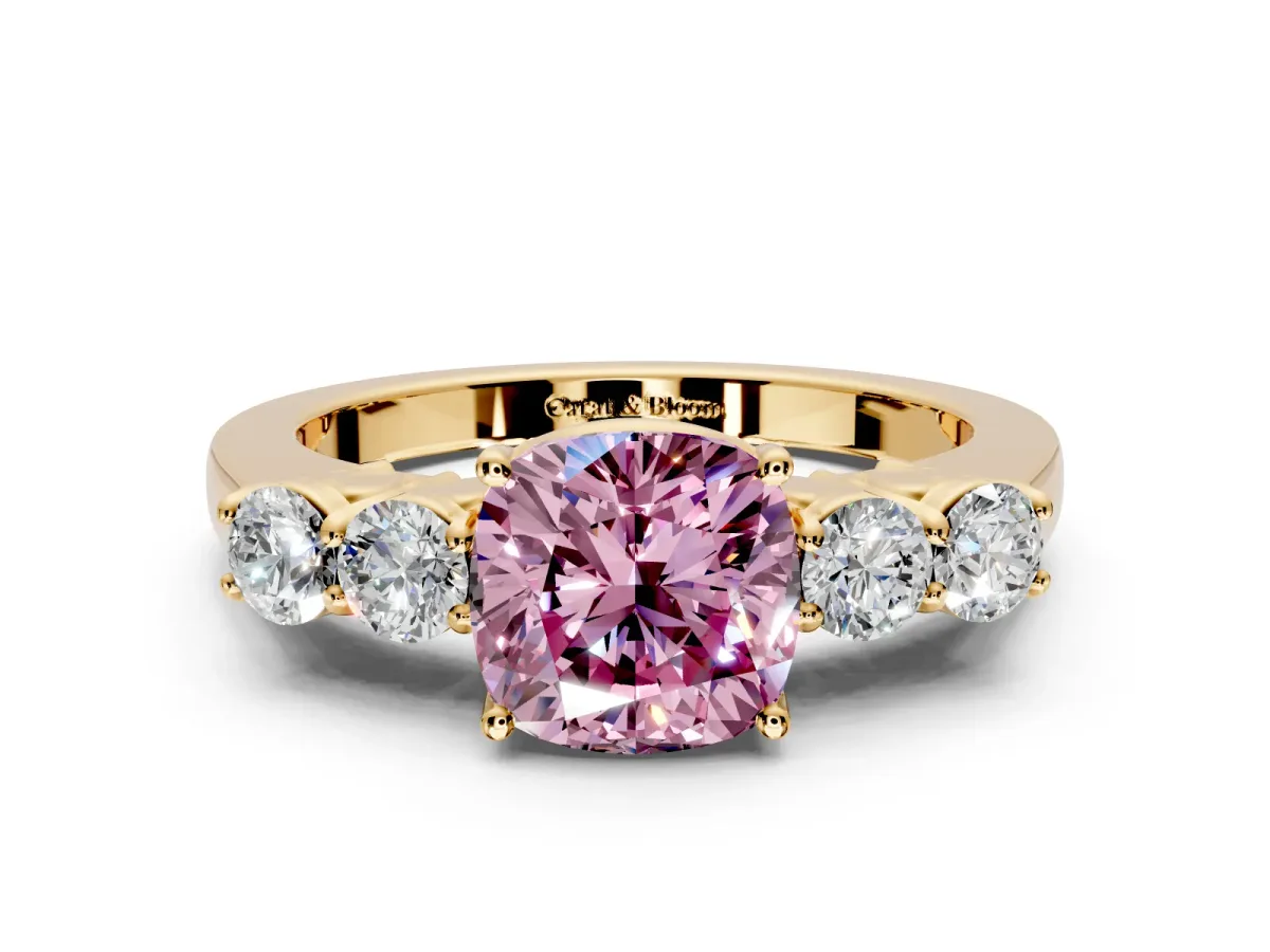 5 Stone Engagement Ring Setting for Fancy Pink Cushion Cut Center with Equal Close-Set Accents and Prong Head in Yellow Gold