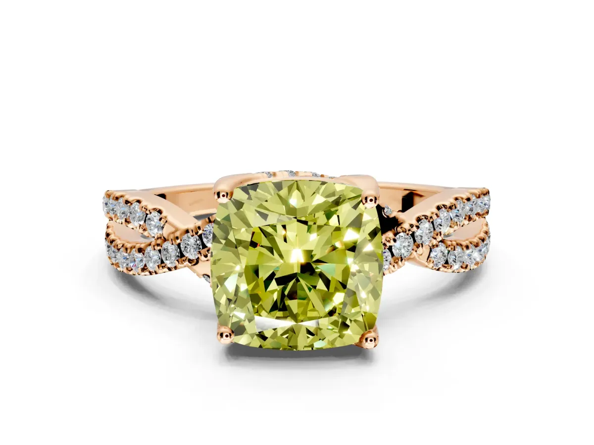 Solitaire Engagement Ring Setting for Fancy Yellow Cushion Cut Center with Narrow Twist Pave Band and Prong Head in Rose Gold