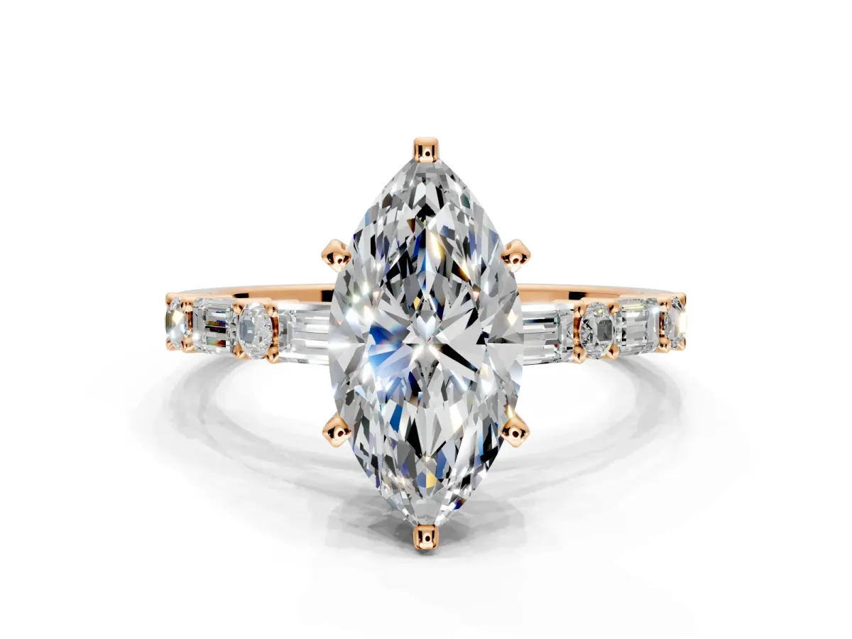 Baguette Engagement Ring Setting for Marquise Center with Alternating Bar-Set Band and Prong Head in Rose Gold