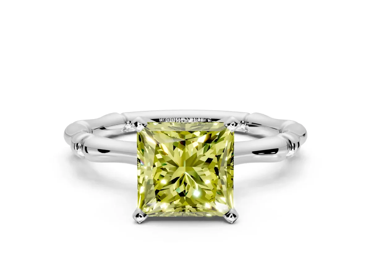 Solitaire Engagement Ring Setting for Fancy Yellow Princess Cut Center with Bamboo Band and Prong Head in Platinum