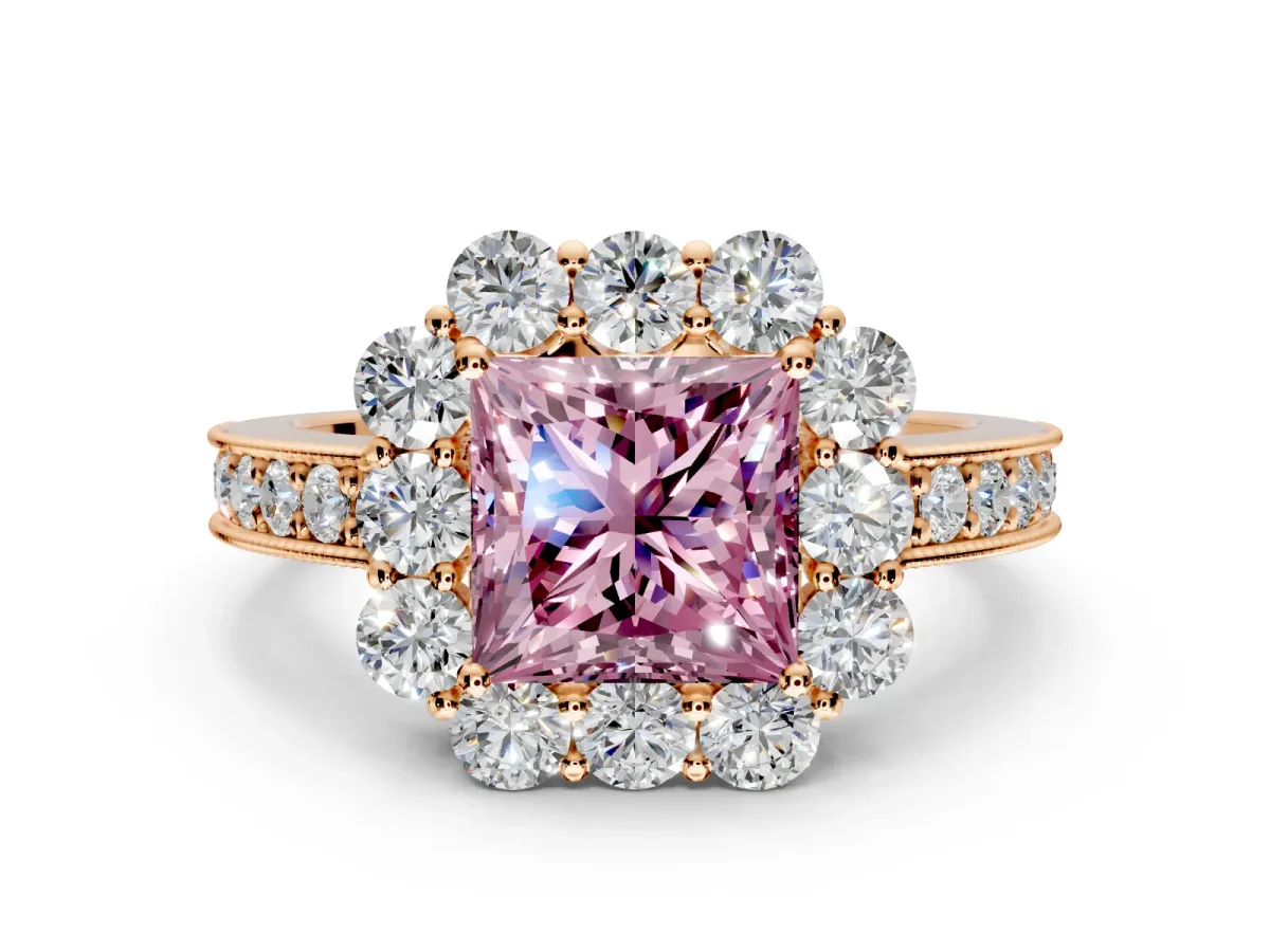 Halo Engagement Ring Setting for Fancy Pink Princess Cut Center with Milgrain Channel Band and Prong Head in Rose Gold