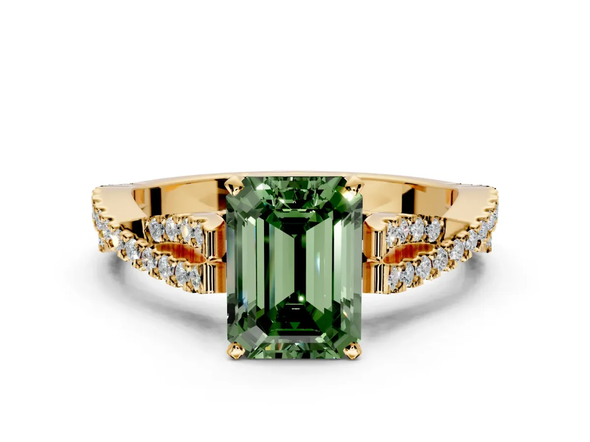 Solitaire Engagement Ring Setting for Fancy Green Emerald Cut Center with Twisted Pave Split Shank and Prong Head in Yellow Gold
