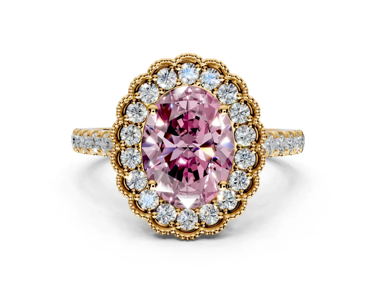 Milgrain Floral Halo Engagement Ring Setting for Fancy Pink Oval Center with Pave Band and Prong Head in Yellow Gold